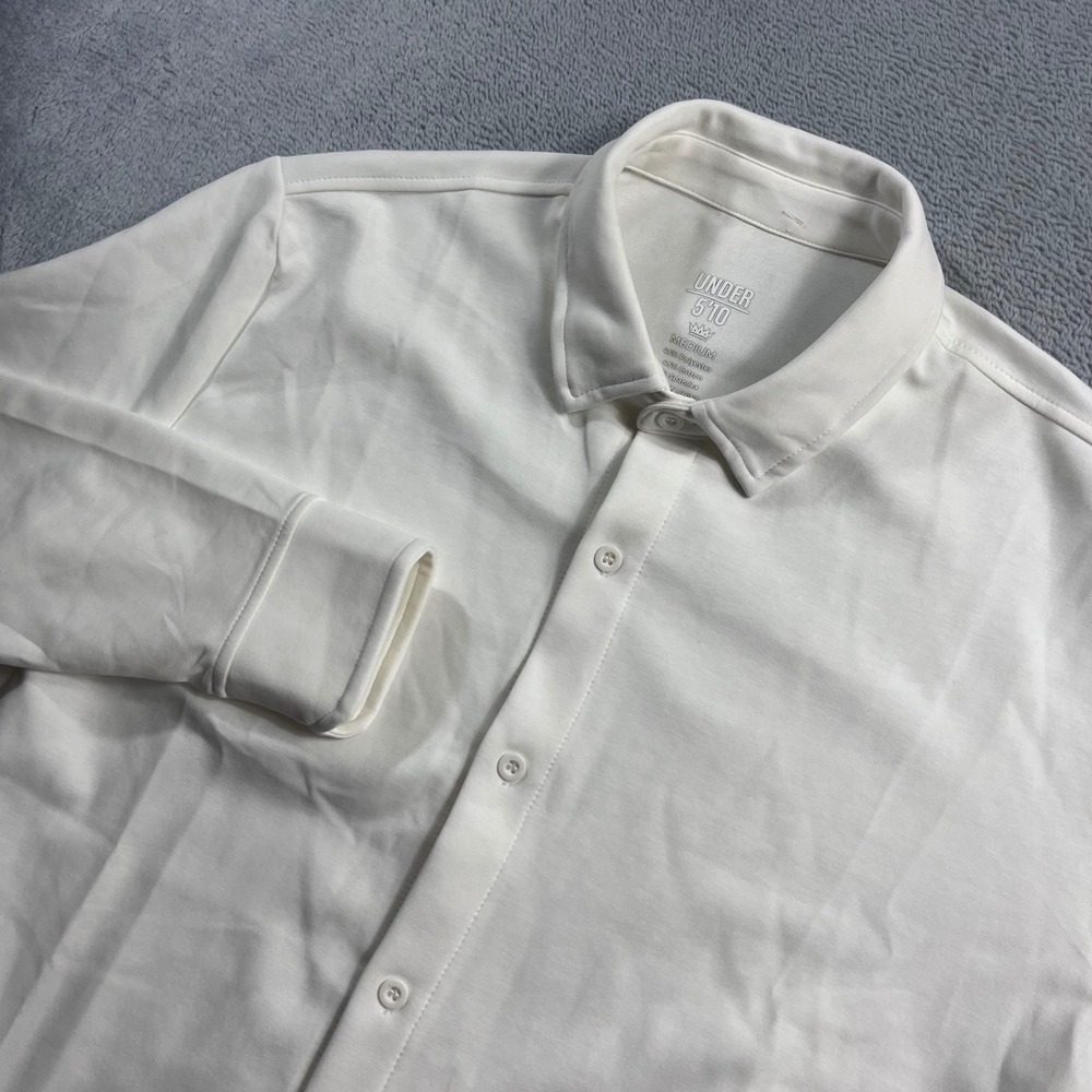 Under 5'10 Mens Medium White Long Sleeve Jersey Knit Button Down Shirt Stretch